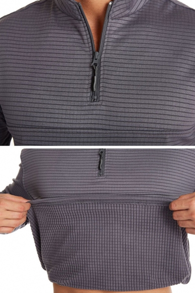 Chic Tee Top Horizontal Lines Pattern Mock Neck Long Sleeve 1/4 Zip Regular Fit Tee Top for Men