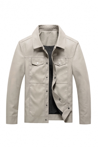 Classic Mens Jacket Solid Color Flap Pockets Button up Turn-down Collar Long Sleeve Regular Fit Leather Jacket