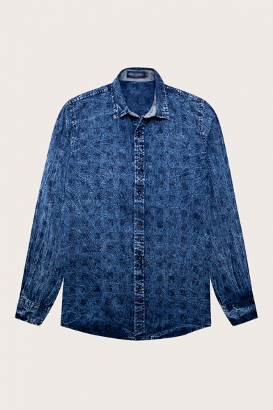 Classic Mens Shirt Plaid Distress Printed Button-down Long Sleeve Spread Collar Loose Fit Shirt