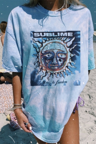

Classic T-Shirt Womens Tie Dye Sun Letter Sublime Printed Tunic Loose Fitted Half Sleeve Round Neck Graphic T-Shirt, Blue, LC690693