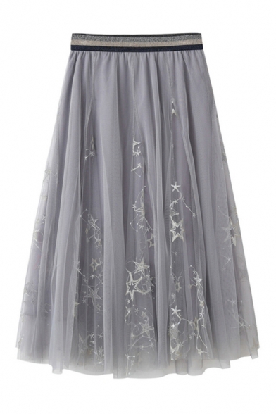 Creative Womens Skirt Star Embroidered Sequin Decoration High Elastic Waist Midi A-Line Tulle Skirt
