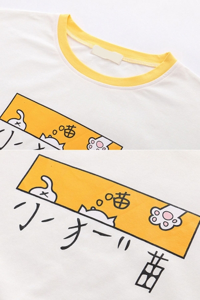 Cute Ladies Cartoon Cat Japanese Letter Printed Crew Neck Half Sleeve Oversized Graphic Tee Top
