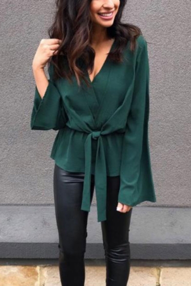 Designer Unique V Neck Long Sleeve Tied Waist Plain Green Shirt Blouse