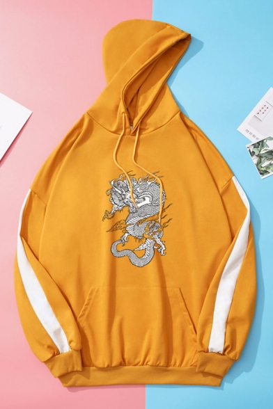 Fashionable Dragon Print Tape Drawstring Kangaroo Pocket Long Sleeve Loose Fit Hooded Sweatshirt