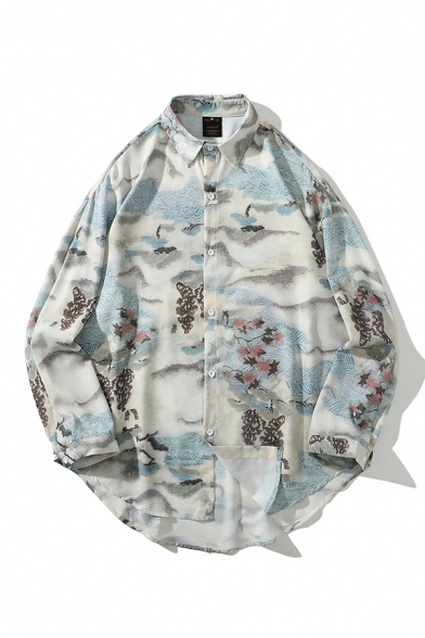Fashionable Mens Shirt Floral Wave Feather Leaf Painted Curved Hem Button up Point Collar Full Sleeve Loose Fitted Shirt