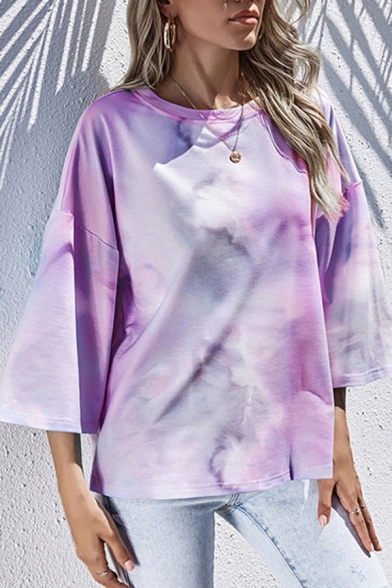 Fashionable Tie Dye Round Neck Bell 3/4 Sleeve Loose Fit T-Shirt for Women