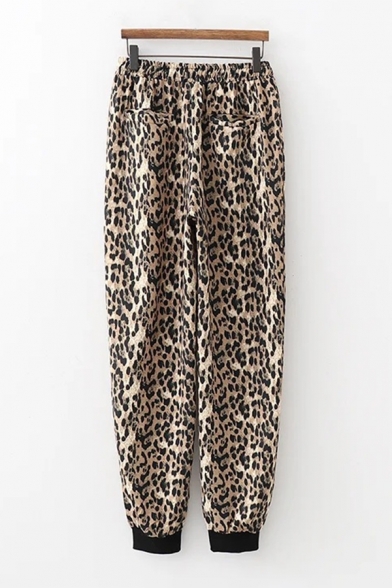 Female Stylish Drawstring Waist Leopard Printed Cuffed Ankle Relaxed Brown Tapered Trousers