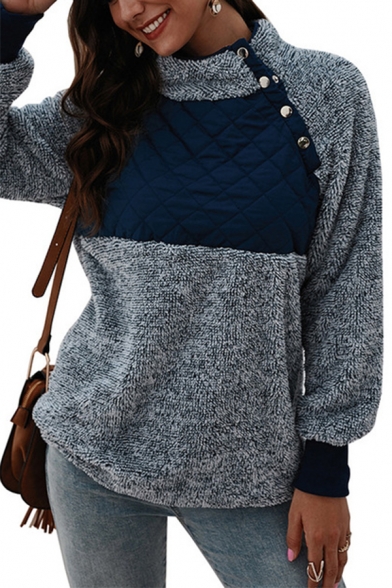 Female Warm Long Sleeve Funnel Neck Button Patched Cashmere Knitted Plain Pullover Sweater Top
