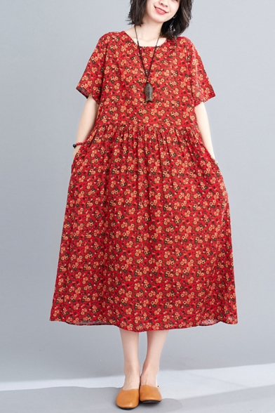 Gorgeous Womens Ditsy Floral Printed Short Sleeve Crew Neck Mid Swing Dress