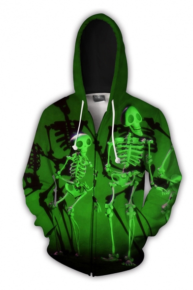 Halloween Style Skull 3D Print Long Sleeve Drawstring Zipper Front Loose Hoodie in Green