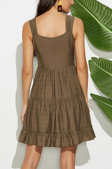 Khaki Stylish Plain Ruffle Hem Button Front Backless Square Neck Sleeveless Mini A-Line Tiered Dress for Women