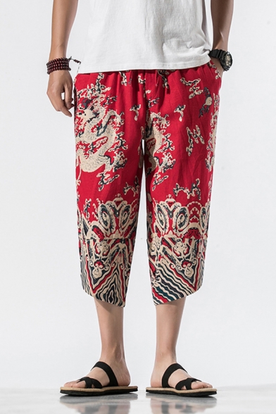 Leisure Chinese Style Printed Drawstring Waist Linen and Cotton Cropped Carrot Fit Pants