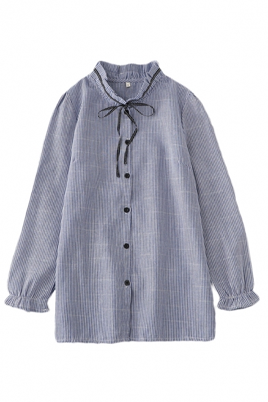 Leisure Womens Stripe Printed Long Sleeve Stringy Selvedge Bow Tied Button Up Loose Fit Shirt in Blue