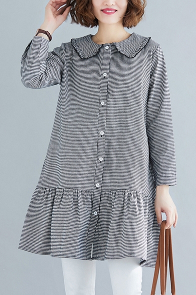 Lovely Girls Linen and Cotton Chestered Printed Long Sleeve Stringy Selvedge Peter Pan Collar Button Up Ruffled Hem Long Loose Shirt in Black