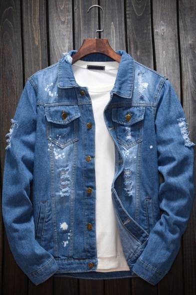 Men's Chic Jacket Splash Ink Pattern Long Sleeve Spread Collar Medium Wash Button Closure Pocket Contrast Stitching Regular Fitted Denim Jacket