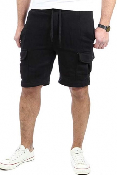 Men's New Stylish Solid Color Drawstring-Waist Flap Pocket Front Cotton Sport Sweat Shorts
