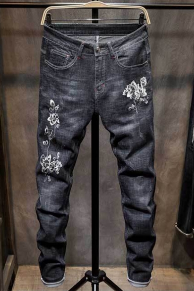 Men's New Trendy Floral Embroidery Regular Fit Rolled Cuff Black Ripped Jeans