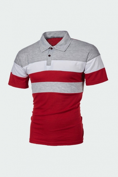 Men's Trendy Polo Shirt Color Block Stripe Pattern Button Spread Collar Short-sleeved Slim Fitted Polo Shirt