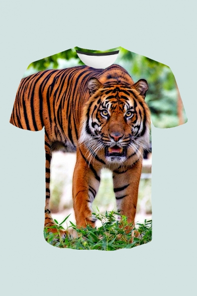 Mens 3D T-Shirt Simple Tiger Grass Printed Crew Neck Short Sleeve Regular Fitted T-Shirt
