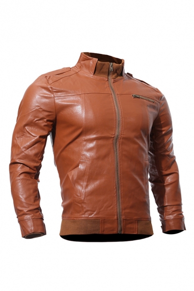 Mens Jacket Fashionable Rib Trim Zipper Decorated Long Sleeve Mock Neck Slim Fitted Leather Jacket