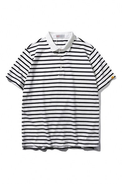 Mens Polo Shirt Fashionable Pinstriped Printed Turn-down Collar Button Detail Short Sleeve Relaxed Fit Polo Shirt