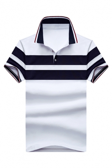 Mens Polo Shirt Simple Contrasted Stripe Trim Turn-down Collar Button Detail Short Sleeve Slim Fit Polo Shirt