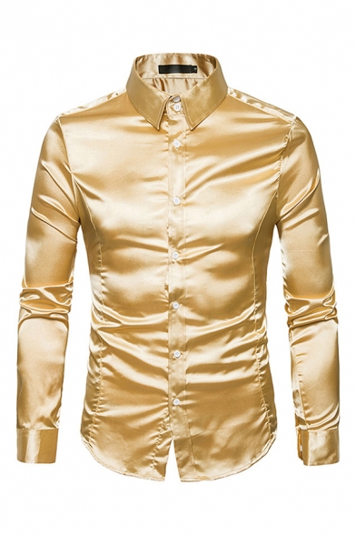 Mens Shirt Chic Solid Color Shiny Button-down Long Sleeve Point Collar Slim Fitted Shirt