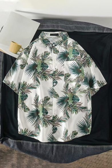 Mens Shirt Stylish Floral Leaf Pattern Button up Spread Collar Half Sleeve Relaxed Fit Shirt with Chest Pocket