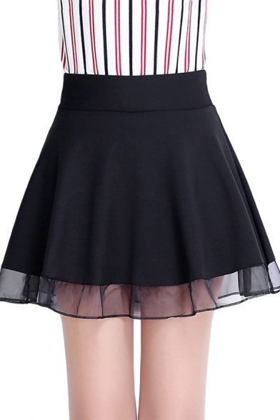 Mesh Patchwork High Waist Plain Mini A-Line Skirt