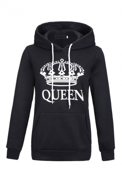 Queen King Crown Letter Print Stripe Long Sleeve Loose Casual Black Hoodie for Couple
