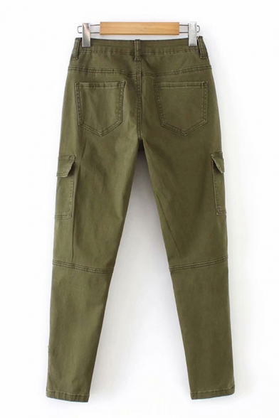 Retro Womens Pants Zipper Cuffs Flap Pockets 7/8 Length Regular Fit Tapered Relaxed Pants