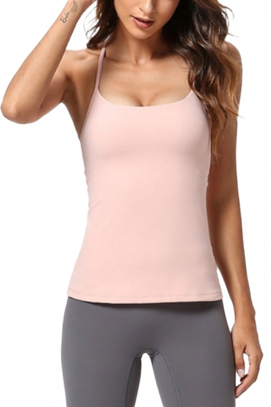 Sport Womens Solid Color Halter Scoop Neck Hollow Out Slim Fitted Cami Top