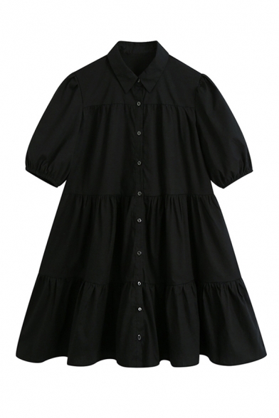 Street Girls Solid Color Blouson Sleeve Point Collar Button Up Short Swing Shirt Dress in Black