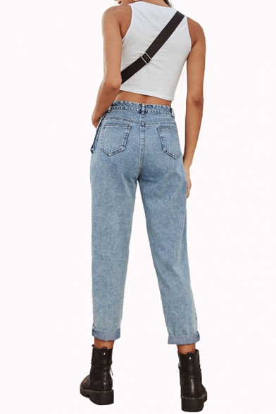 Stylish Ladies Solid Color High Waist Flap Pocket Ankle Roll Edge Fit Jeans