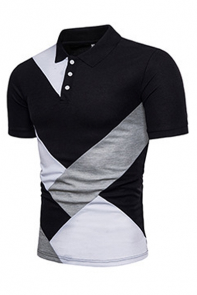 Stylish Men's Polo Shirt Color Block Short Sleeve Spread Collar Button Placket Slim Fitted Polo Shirt