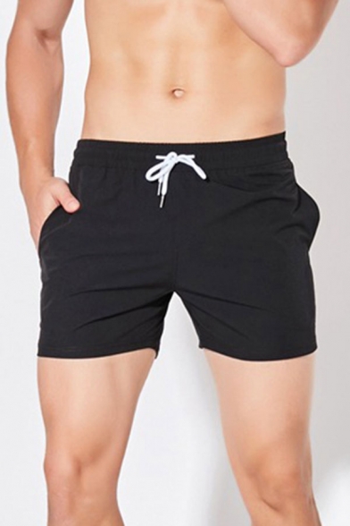 Stylish Mens Solid Color Fast Dry Elastic Waist Pocket Mid Rise Straight Fit Running Shorts