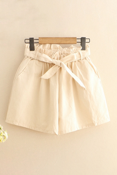 Stylish Womens Shorts Solid Color Bow Pocket Paperbag Waist High Rise Relaxed Fitted Shorts