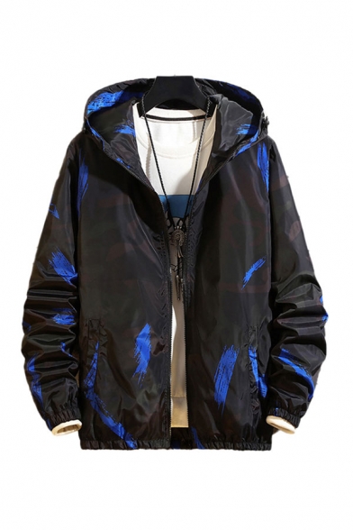 Trendy Men's Jacket Brush Stroke Pattern Drawstring Elastic Cuff Long Sleeves Zip Closure Pocket Hooded Fitted Relaxed Jacket