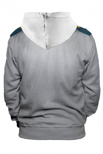 Trendy Mens Gray Striped Button 3D Print Long Sleeve Drawstring Pouch Pocket Loose Hoodie