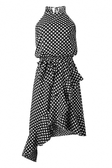 Trendy Polka Dot Printed Bow Tie Waisted Ruffle Hem Sleeveless Halter Midi Asymmetric Black Dress for Women