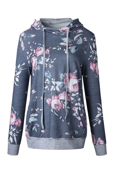 Unique Flower Printed Contrast Stitched Drawstring Hooded Long Sleeve Loose Fit Hoodie for Girls