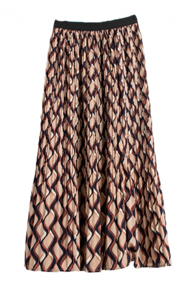 Unique Ladies Skirt Contrast Waving Line Pattern Pleated High Waist Elastic Maxi A-Line Skirt