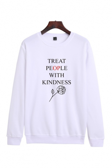 Unique Rose Floral Letter Treat People With Kindness Graphic Printed Crew Neck Long Sleeve Relaxed Fit Pullover Sweatshirt