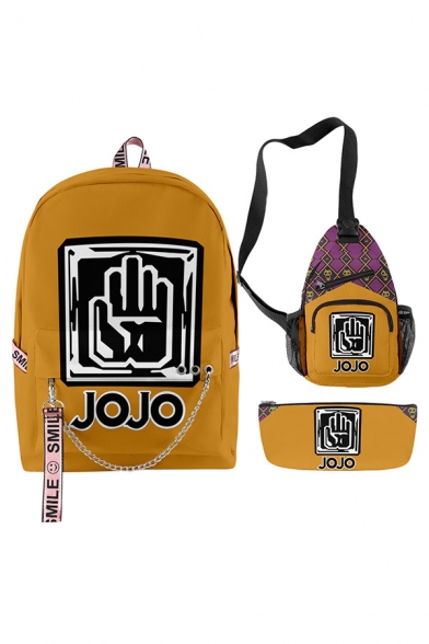 Unisex Fashion JoJo's Bizarre Adventure Chain Embellished Grommets Backpack & Zip-Pocket Shoulder Bag & Pencil Case Set
