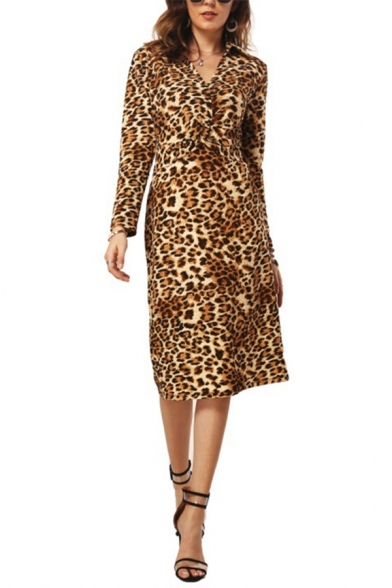 V Neck Long Sleeve Leopard Printed Tie Waist Brown Midi A-Line Dress