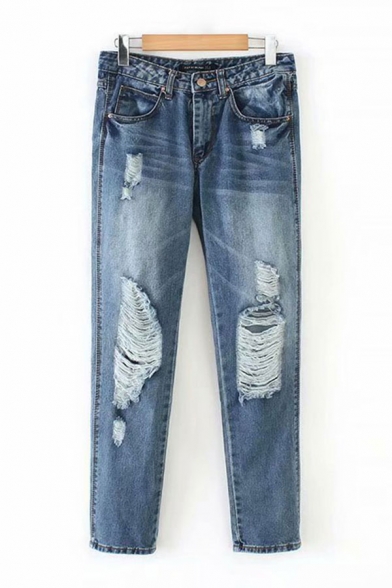 Vintage Womens Jeans Medium Wash Distressed Zipper Fly Regular Fit 7/8 Length Tapered Jeans