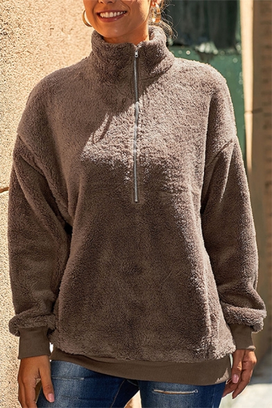 Women's Fashion Warm Fluffy Teddy Stand-Collar Half-Zip Long Sleeve Plain Sweatshirt
