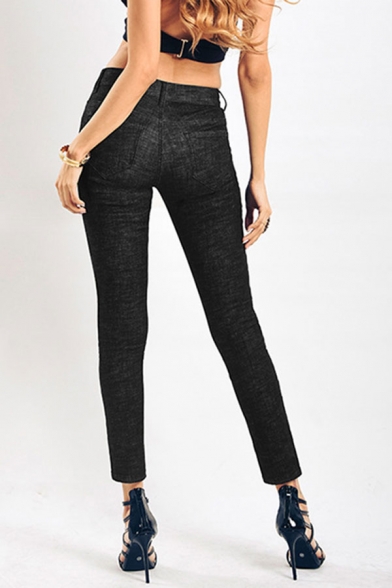 Womens Jeans Black Unique Hook and Eye Detail Low Rise Zipper Fly Slim Fit 7/8 Length Tapered Jeans