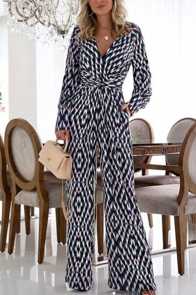 Womens Jumpsuits Classic Geometric Pattern Full Length Surplice Neck Loose Fitted Long Sleeve Jumpsuits