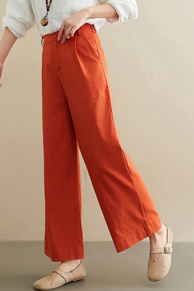 Womens Leisure Solid Color Linen and Cotton High Waist Ankle Length Wide-leg Pants